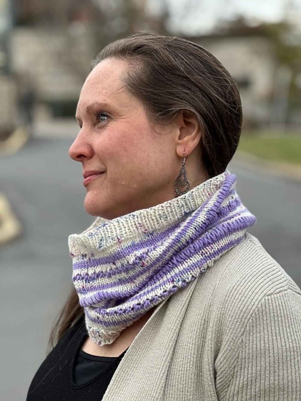 Gorgeous One of a Kind Hand Knit Purple and Cream Infinity Style Neck Scarf